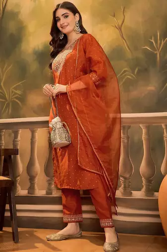 polka dots printed v-neck thread work chinon kurta with trousers & dupatta