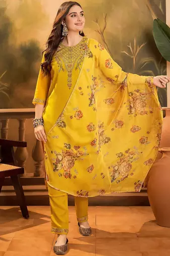thread zari sequence embroidered kurta with trousers & dupatta