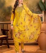thread zari sequence embroidered kurta with trousers & dupatta