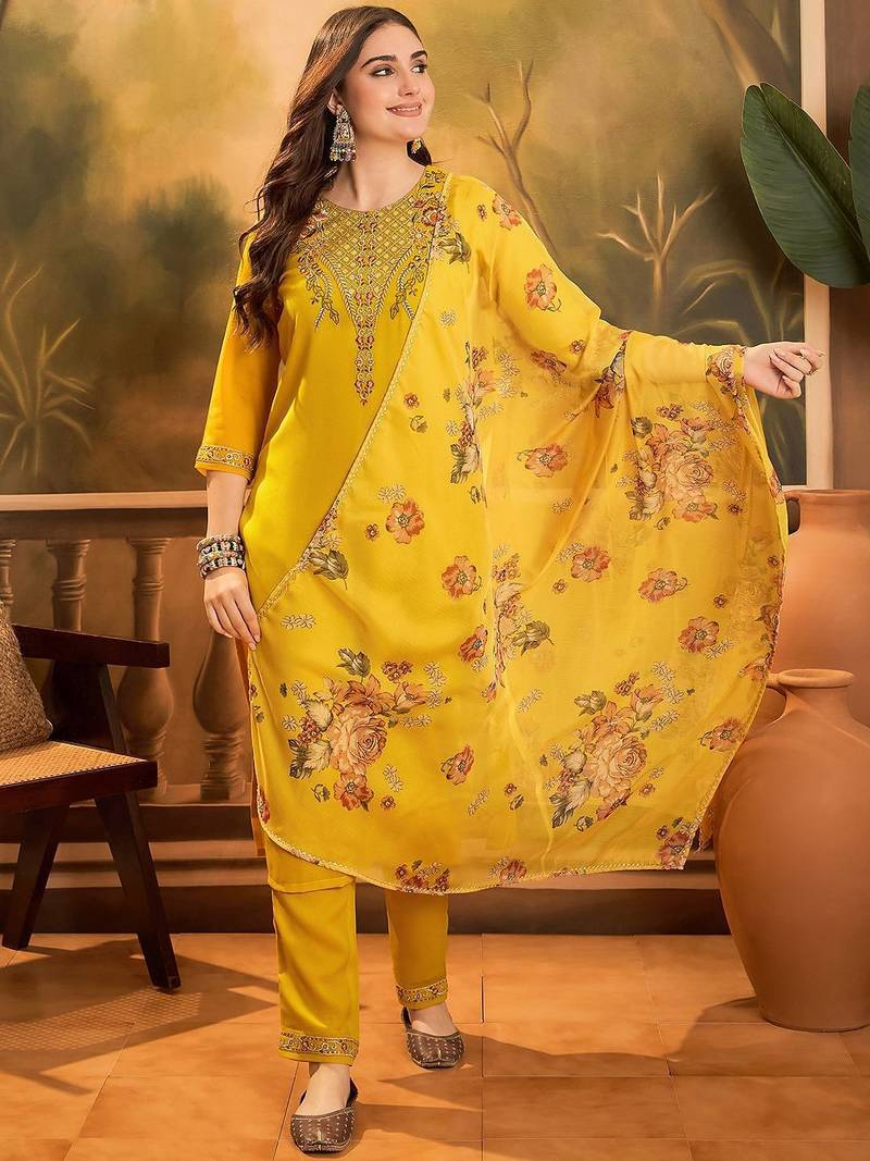 thread zari sequence embroidered kurta with trousers & dupatta