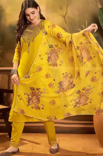 thread zari sequence embroidered kurta with trousers & dupatta