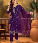 ethnic motifs embroidered v-neck sequinned straight kurta with trousers & dupatta