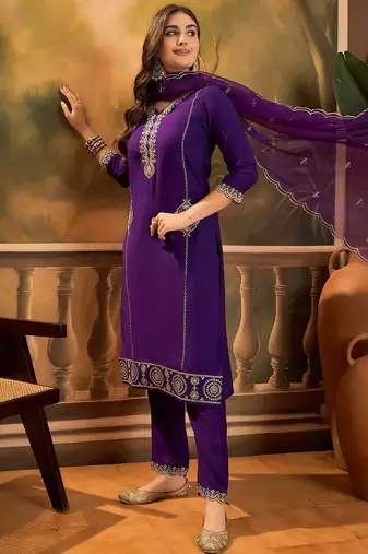 ethnic motifs embroidered v-neck sequinned straight kurta with trousers & dupatta