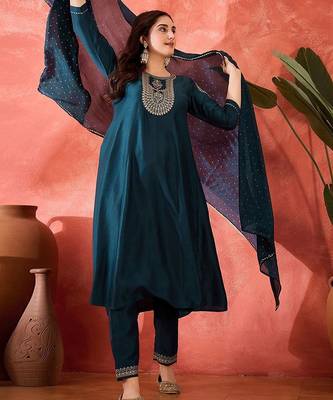 floral yoke design sequinned chinon silk anarkali kurta with trousers and dupatta 1
