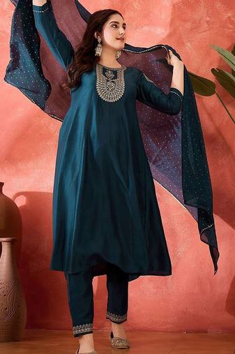 floral yoke design sequinned chinon silk anarkali kurta with trousers and dupatta