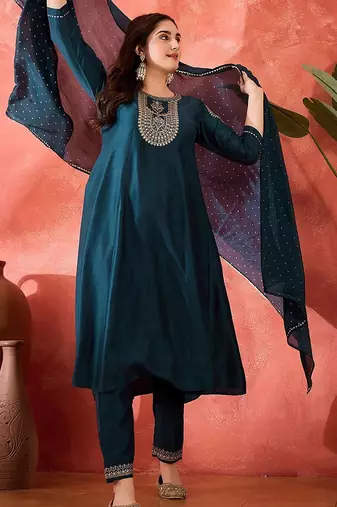 floral yoke design sequinned chinon silk anarkali kurta with trousers and dupatta