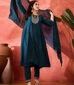 floral yoke design sequinned chinon silk anarkali kurta with trousers and dupatta