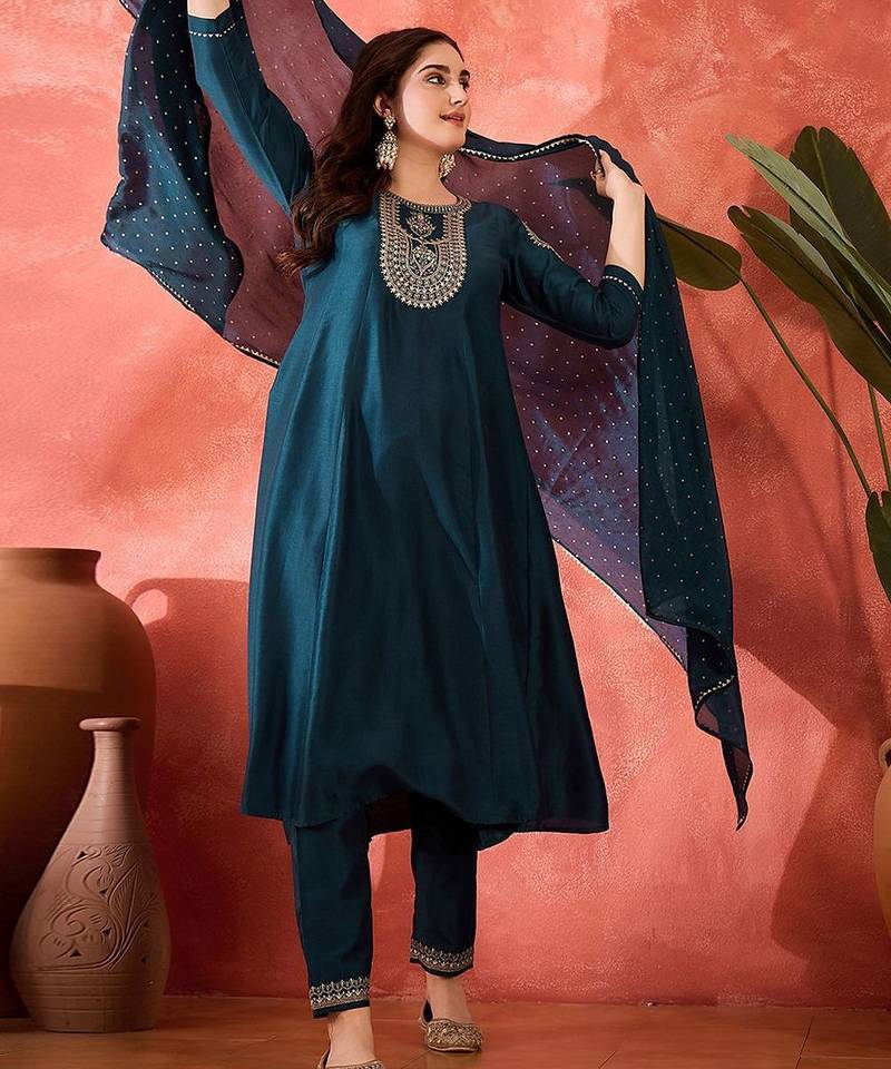 floral yoke design sequinned chinon silk anarkali kurta with trousers and dupatta