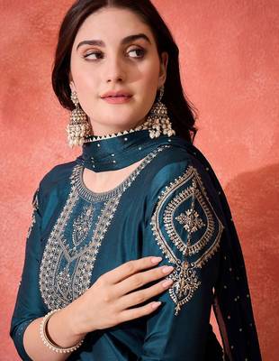 floral yoke design sequinned chinon silk anarkali kurta with trousers and dupatta 2