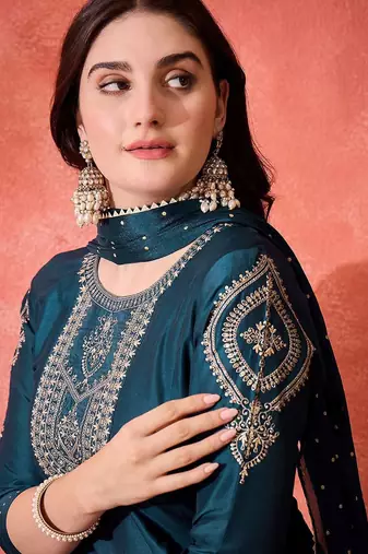 floral yoke design sequinned chinon silk anarkali kurta with trousers and dupatta