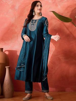 floral yoke design sequinned chinon silk anarkali kurta with trousers and dupatta 5