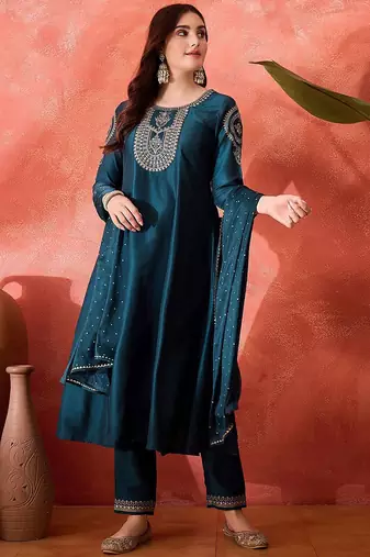 floral yoke design sequinned chinon silk anarkali kurta with trousers and dupatta