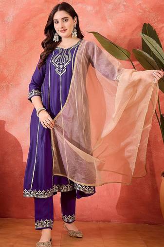 floral embroidered panelled gotta patti a-line kurta with trouser & dupatta