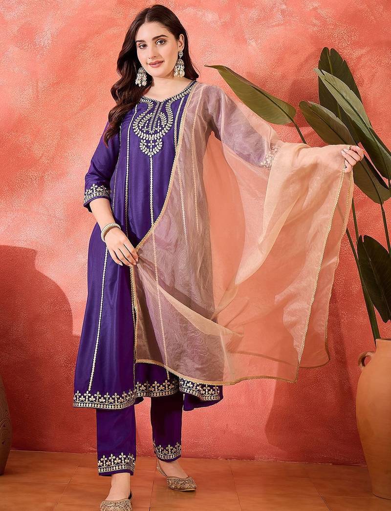 floral embroidered panelled gotta patti a-line kurta with trouser & dupatta