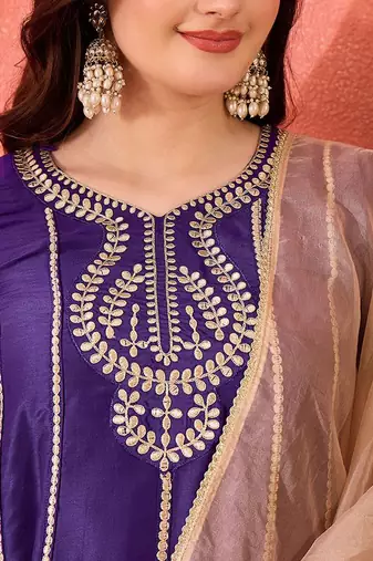 floral embroidered panelled gotta patti a-line kurta with trouser & dupatta