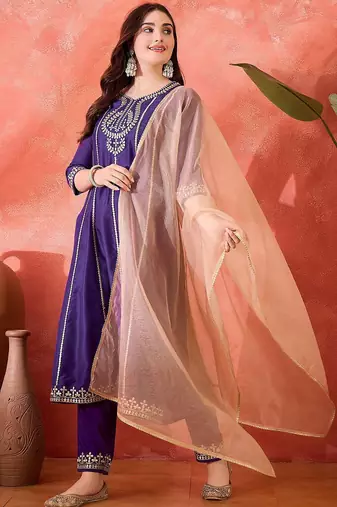 floral embroidered panelled gotta patti a-line kurta with trouser & dupatta