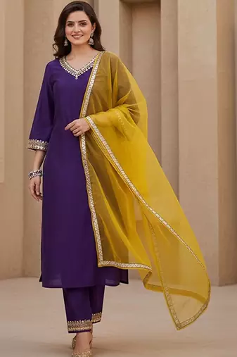 embroidered v-neck kurta & trousers kurta set
