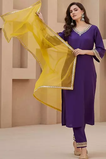 embroidered v-neck kurta & trousers kurta set