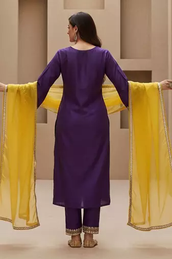 embroidered v-neck kurta & trousers kurta set