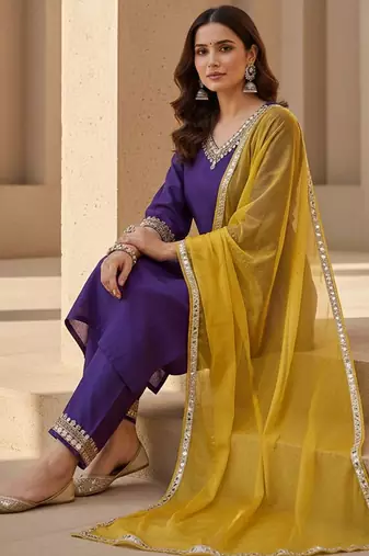 embroidered v-neck kurta & trousers kurta set