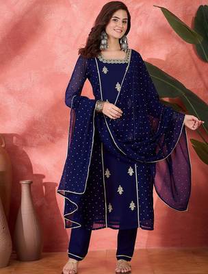 women zari sequence thread embroidered straight  kurta with trousers & dupatta 1