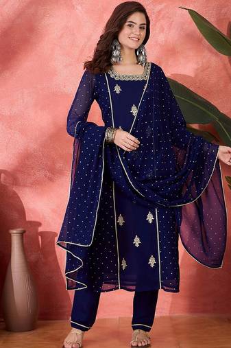 women zari sequence thread embroidered straight  kurta with trousers & dupatta