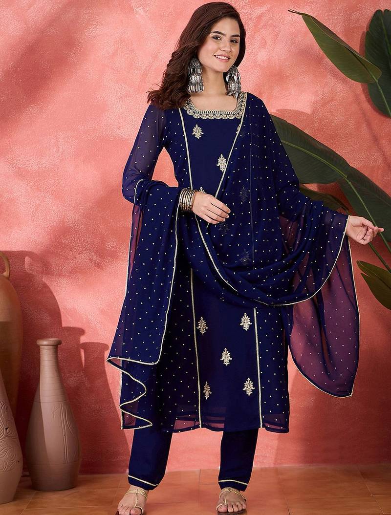 women zari sequence thread embroidered straight  kurta with trousers & dupatta