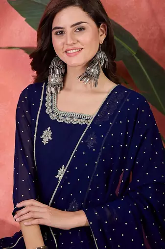 women zari sequence thread embroidered straight  kurta with trousers & dupatta