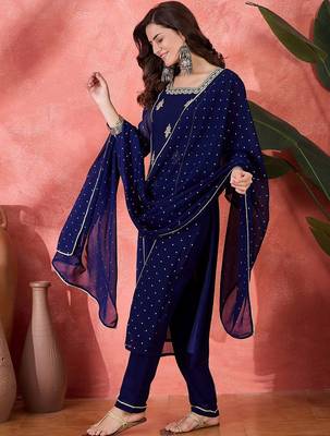 women zari sequence thread embroidered straight  kurta with trousers & dupatta 5