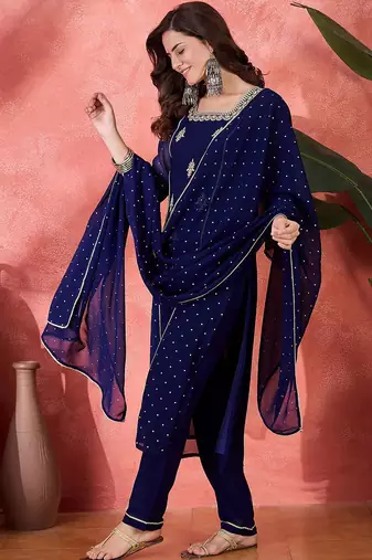 women zari sequence thread embroidered straight  kurta with trousers & dupatta