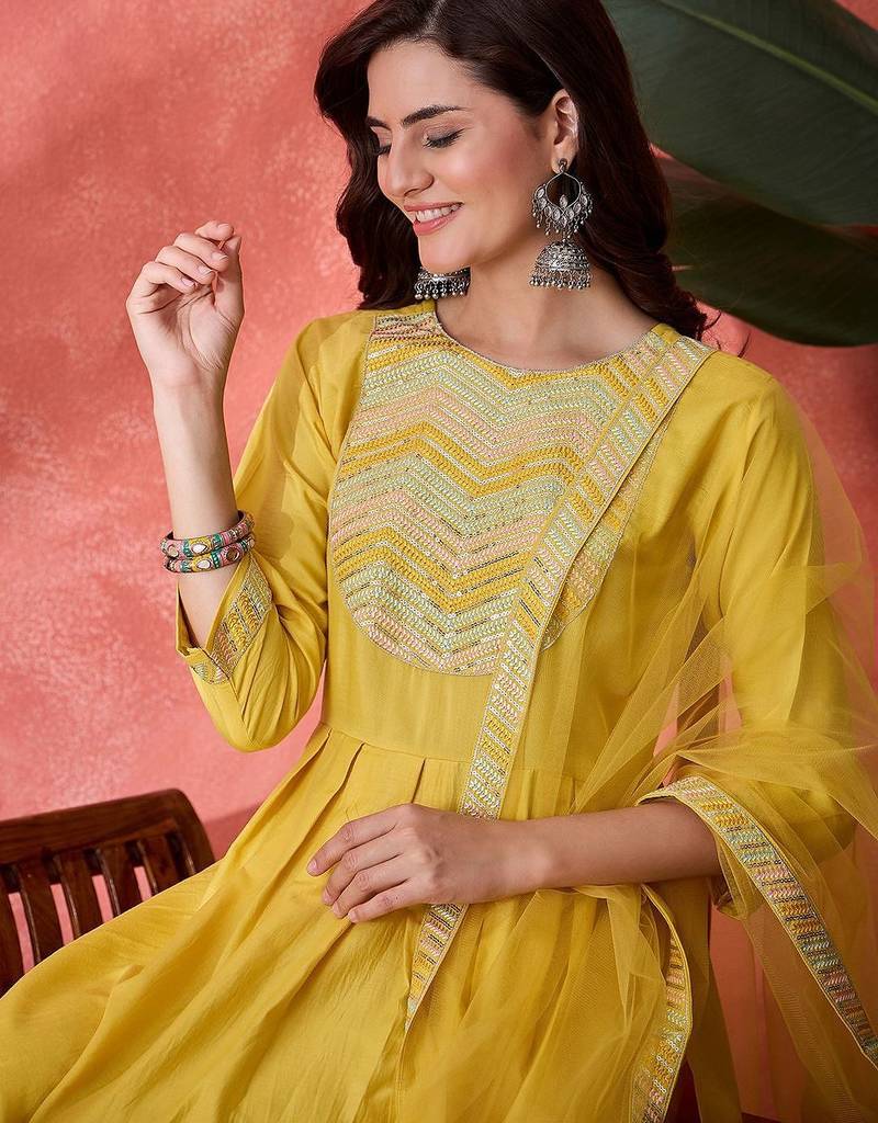 women zari sequence embroidered kurta & trousers with dupatta
