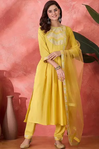 women zari sequence embroidered kurta & trousers with dupatta