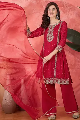 zari sequence thread cording embroidered kurta with trousers & dupatta