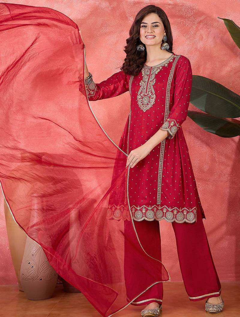 zari sequence thread cording embroidered kurta with trousers & dupatta