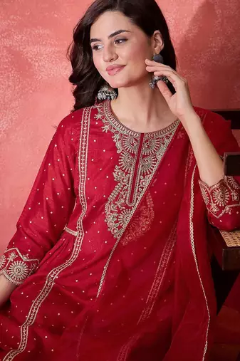zari sequence thread cording embroidered kurta with trousers & dupatta