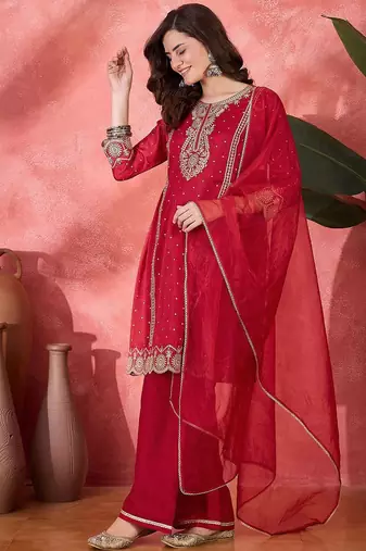 zari sequence thread cording embroidered kurta with trousers & dupatta