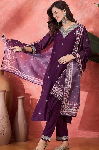 floral embroidered v-neck straight kurta with trouser and dupatta