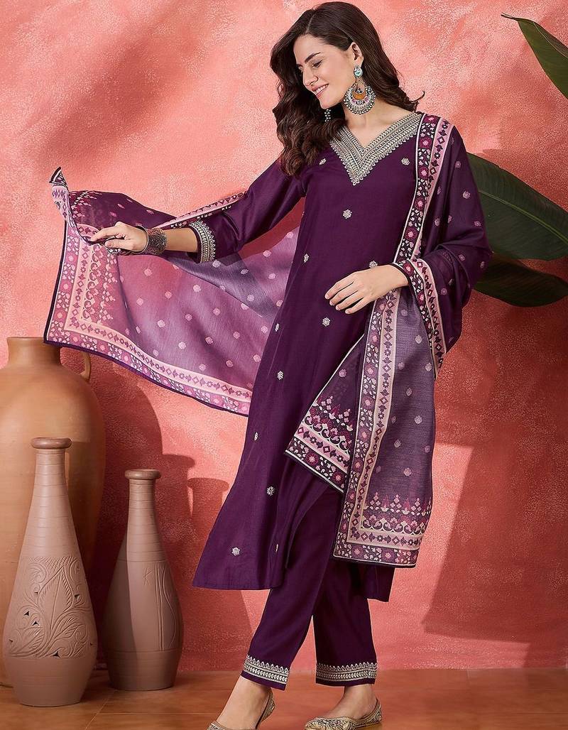floral embroidered v-neck straight kurta with trouser and dupatta