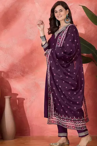 floral embroidered v-neck straight kurta with trouser and dupatta
