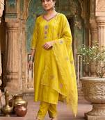 embroidered v-neck kurta & trousers with dupatta kurta set