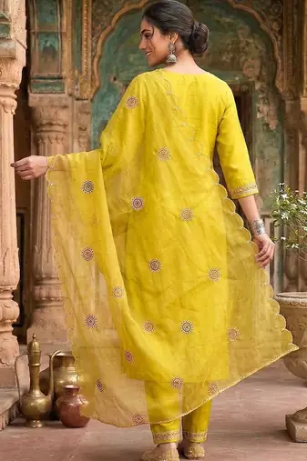 embroidered v-neck kurta & trousers with dupatta kurta set