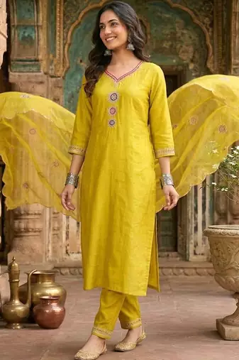 embroidered v-neck kurta & trousers with dupatta kurta set