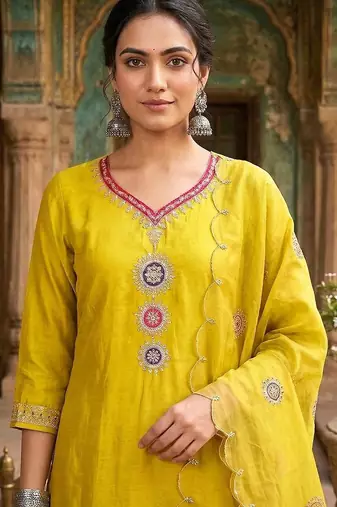 embroidered v-neck kurta & trousers with dupatta kurta set