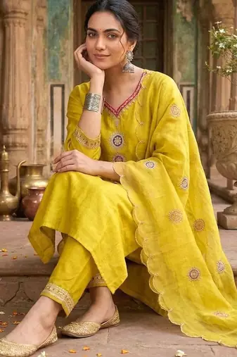 embroidered v-neck kurta & trousers with dupatta kurta set