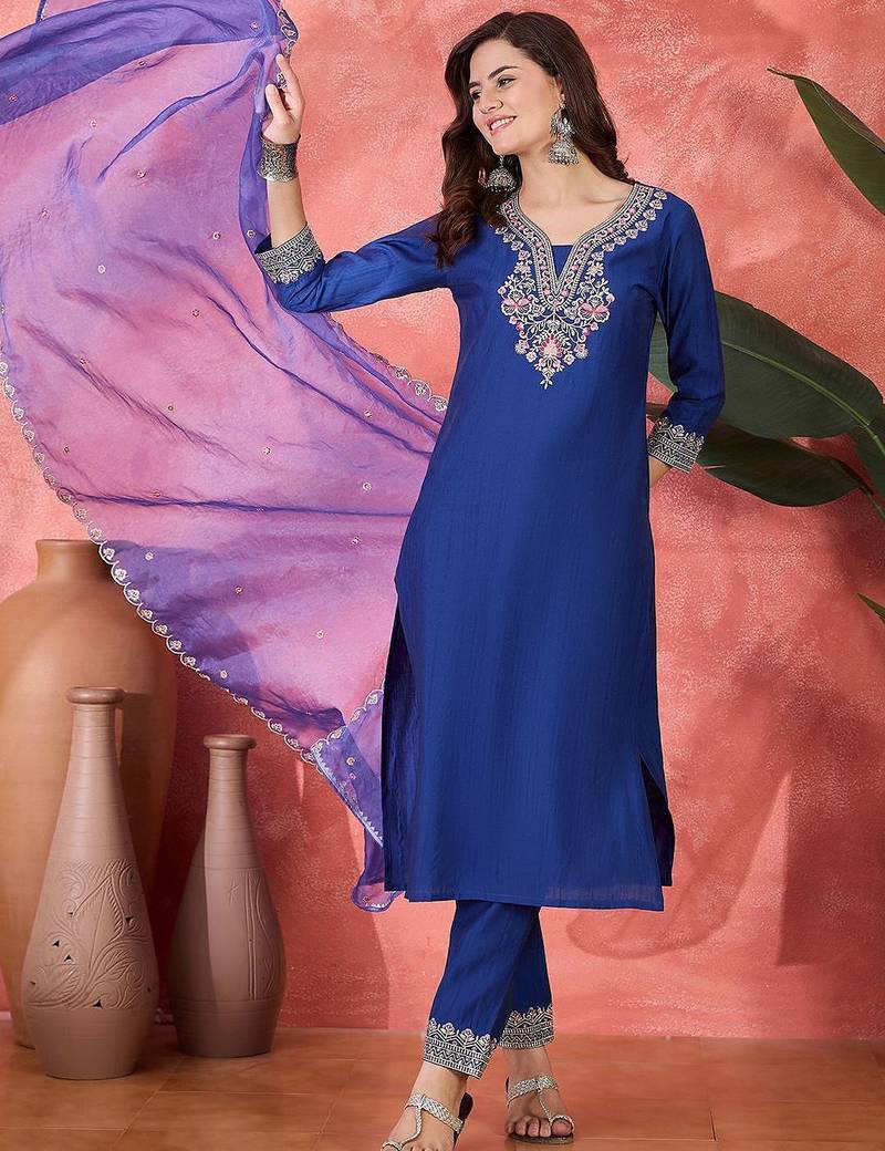 women embroidered zari mirror work kurta pant with dupatta set