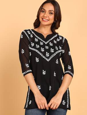 Women black lucknowi chikankari floral embroidered georgette a-line kurti 1