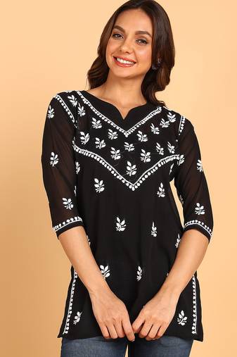 Women black lucknowi chikankari floral embroidered georgette a-line kurti