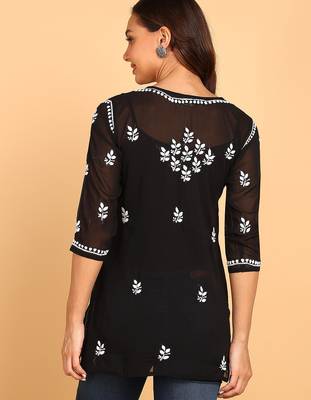 Women black lucknowi chikankari floral embroidered georgette a-line kurti 2