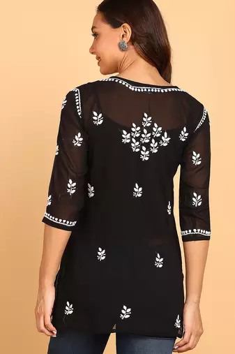 Women black lucknowi chikankari floral embroidered georgette a-line kurti