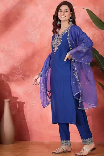women embroidered zari mirror work kurta pant with dupatta set